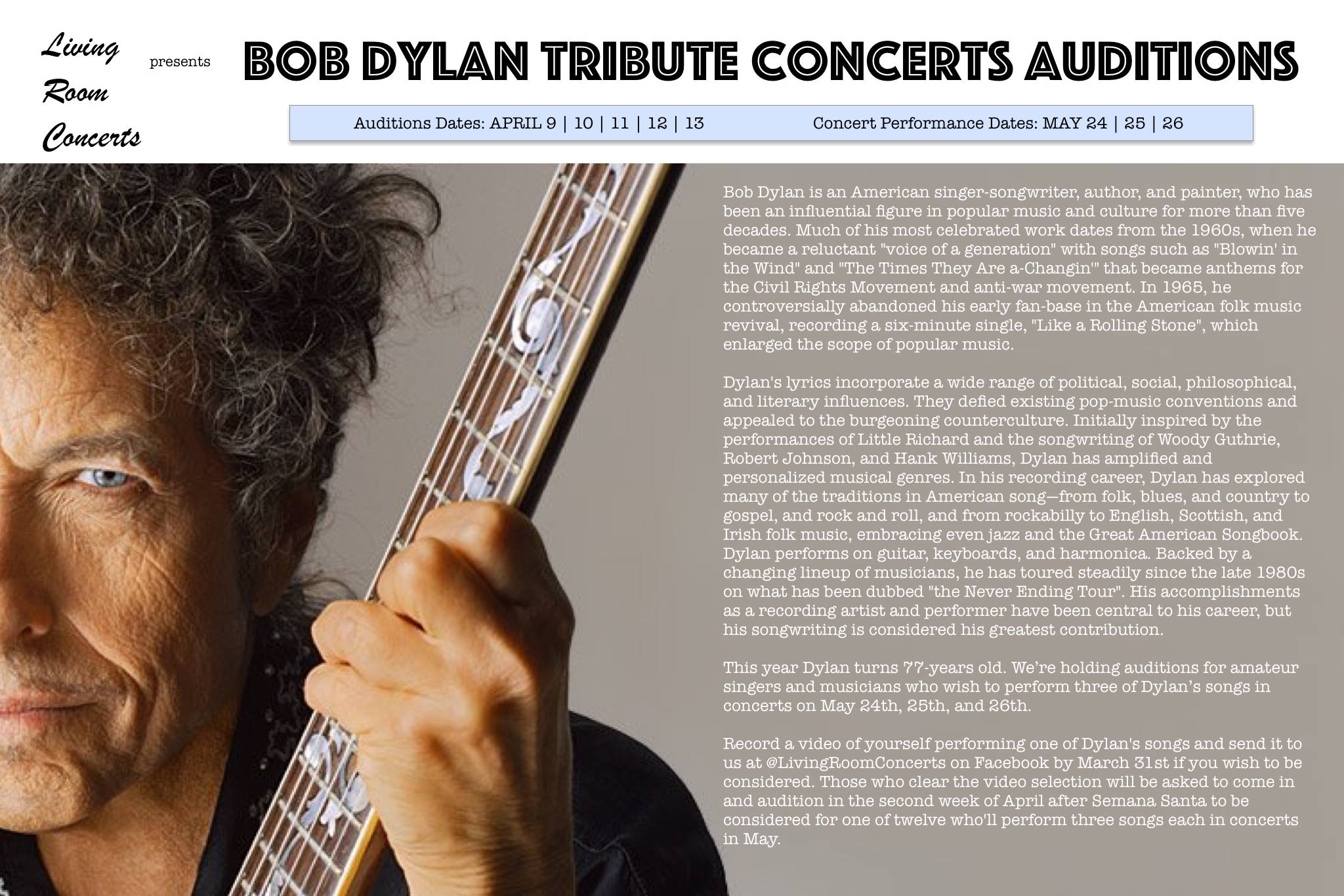 15 Feb to 31 Mar - LRC presents Bob Dylan Tribute Concerts Auditions